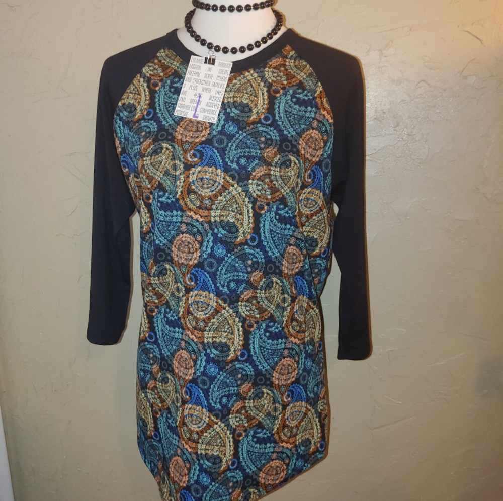 NWT LuLaRoe LLR Randy Baseball Raglan Black 3/4 Sleeves Tee Shirt Top Paisley - Picture 9 of 11